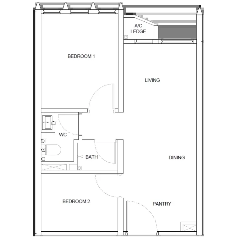 Phoeniz Type A suite floor plan, 484 sqft, one bedroom plus study with two bathrooms