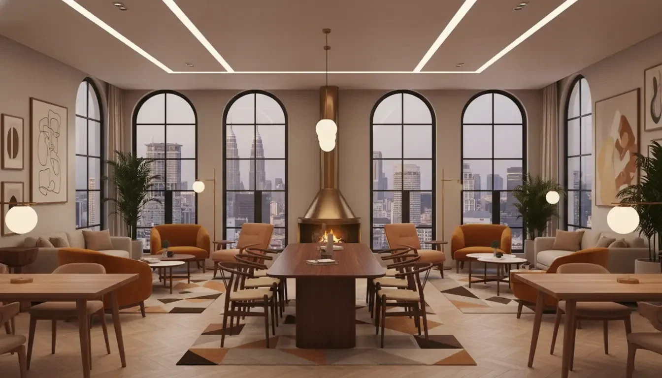 Residents' lounge at Phoeniz Suites, the Petronas Twin Towers framed through arched windows