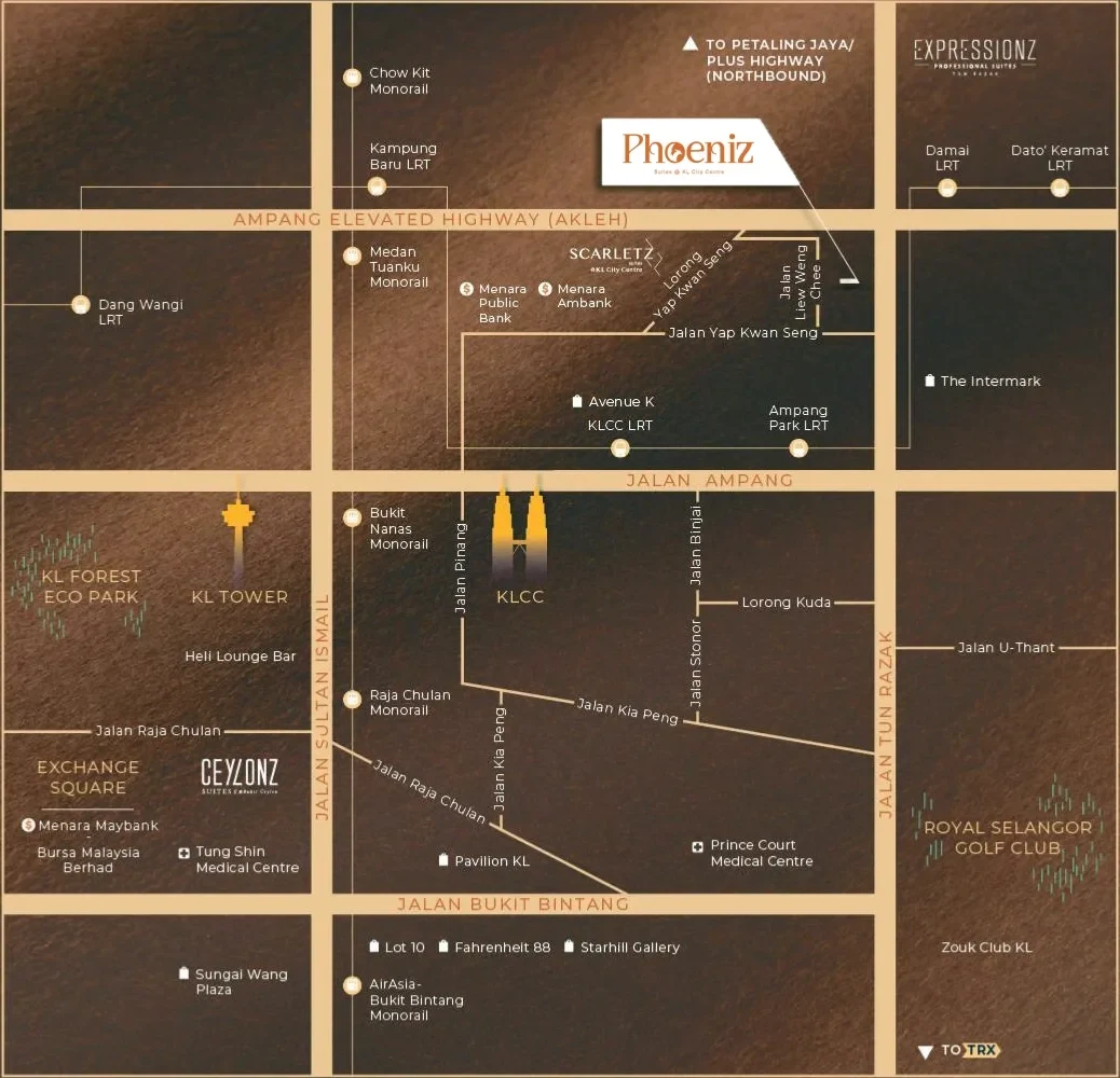 Official Phoeniz Suites location map: Jalan Yap Kwan Seng, KLCC, near KLCC LRT, Ampang Park, the Intermark, Avenue K and the Petronas Twin Towers