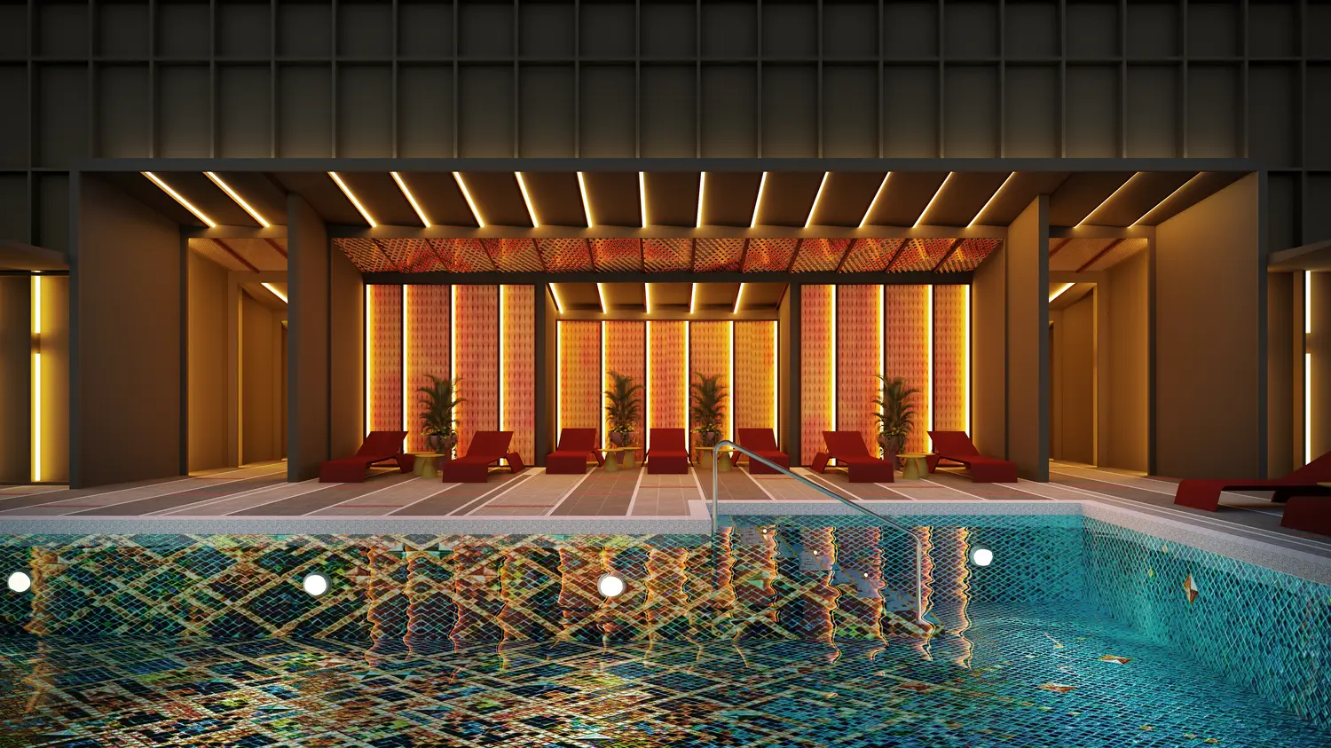 Warm-lit poolside cabanas at Phoeniz Suites in the evening